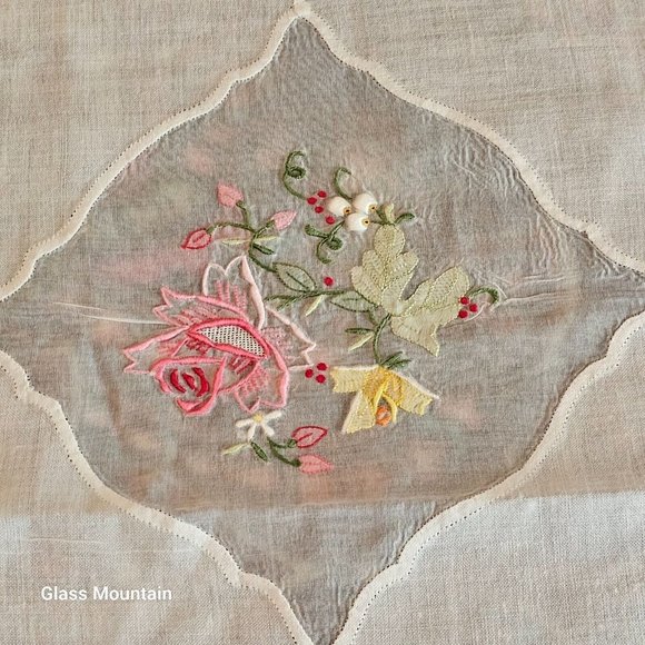 SOLD - Vintage Handmade Linen Cross Stitch Embroidery Lace Trim Bed Coverlet - Picture 5 of 5